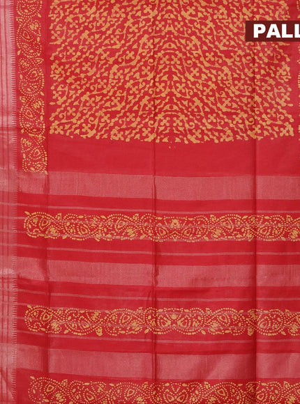 Semi tussar saree red with allover batik prints and silver zari woven kanjivaram style border - {{ collection.title }} by Prashanti Sarees