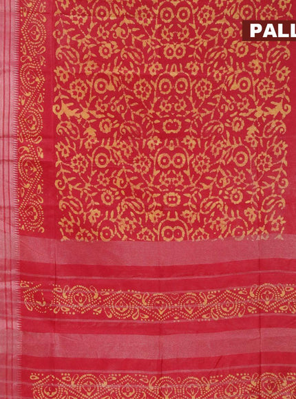 Semi tussar saree red with allover batik prints and silver zari woven kanjivaram style border - {{ collection.title }} by Prashanti Sarees