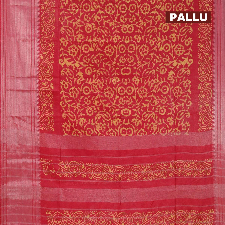 Semi tussar saree red with allover batik prints and silver zari woven kanjivaram style border - {{ collection.title }} by Prashanti Sarees