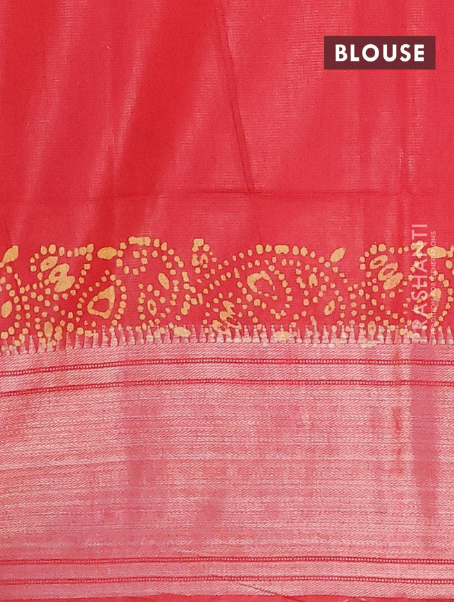 Semi tussar saree red with allover batik prints and silver zari woven kanjivaram style border - {{ collection.title }} by Prashanti Sarees