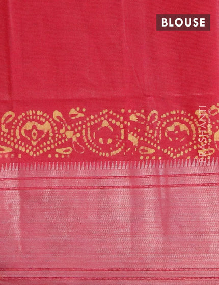 Semi tussar saree red with allover batik prints and silver zari woven kanjivaram style border - {{ collection.title }} by Prashanti Sarees