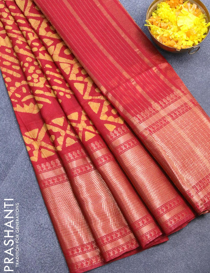 Semi tussar saree red with allover batik prints and zari woven kanjivaram style border - {{ collection.title }} by Prashanti Sarees