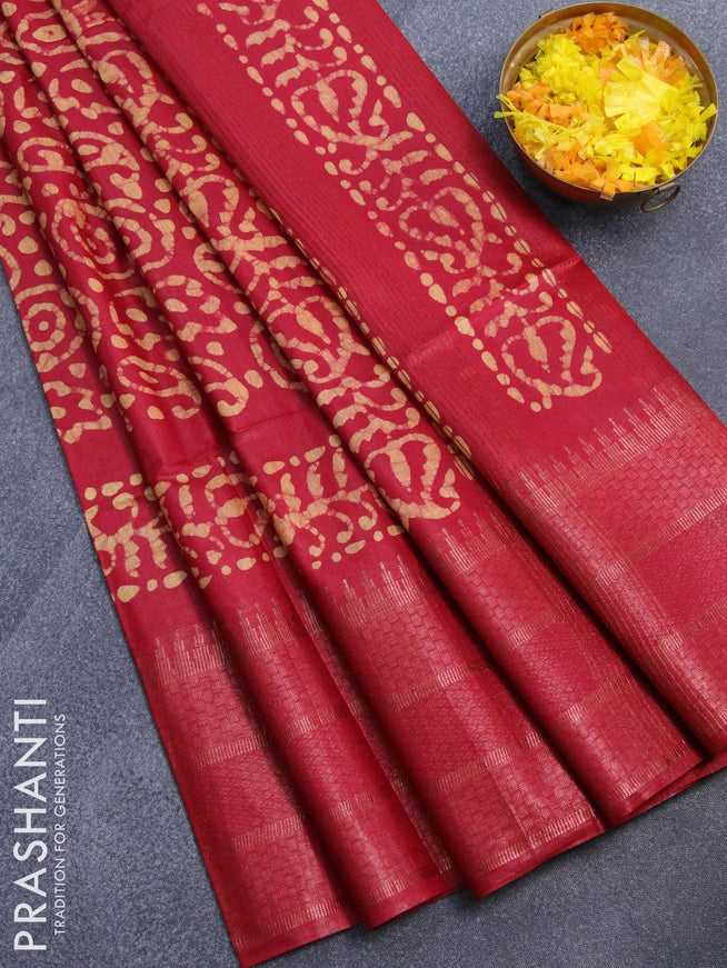 Semi tussar saree red with allover batik prints and zari woven kanjivaram style border - {{ collection.title }} by Prashanti Sarees