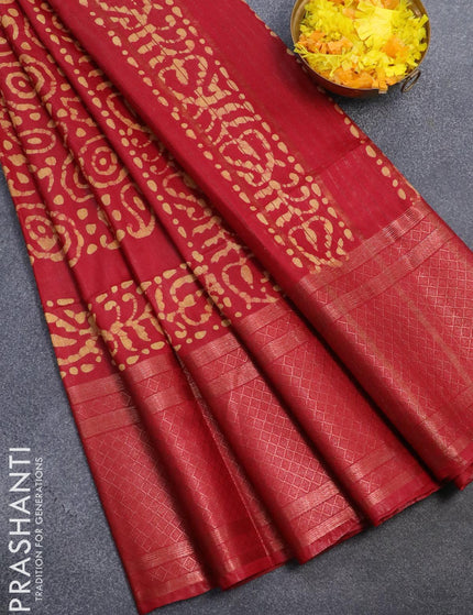 Semi tussar saree red with allover batik prints and zari woven kanjivaram style border - {{ collection.title }} by Prashanti Sarees