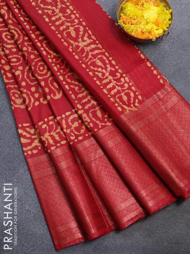 Semi tussar saree red with allover batik prints and zari woven kanjivaram style border - {{ collection.title }} by Prashanti Sarees