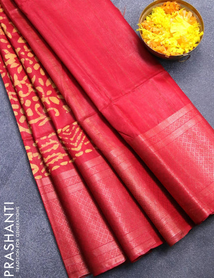 Semi tussar saree red with allover batik prints and zari woven kanjivaram style border - {{ collection.title }} by Prashanti Sarees