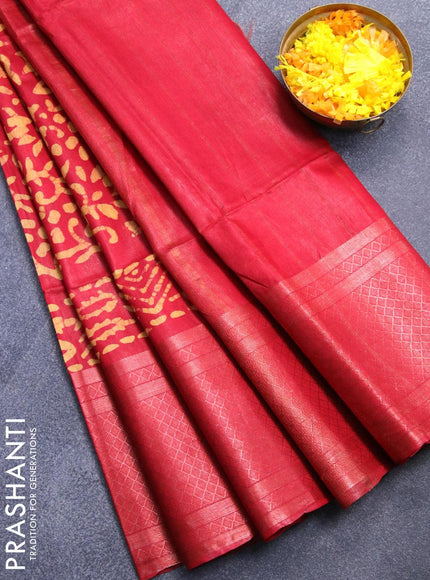 Semi tussar saree red with allover batik prints and zari woven kanjivaram style border - {{ collection.title }} by Prashanti Sarees