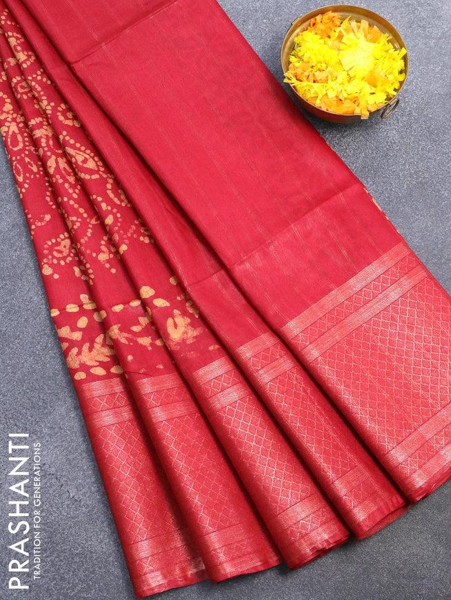 Semi tussar saree red with allover batik prints and zari woven kanjivaram style border - {{ collection.title }} by Prashanti Sarees