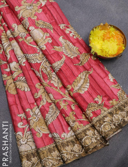 Semi tussar saree red with kalamkari prints & french knot work and printed border - {{ collection.title }} by Prashanti Sarees