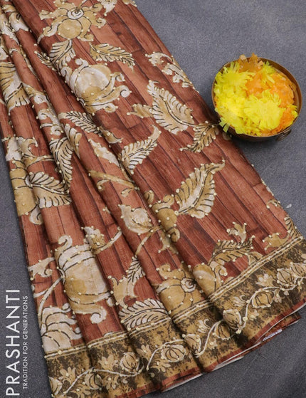 Semi tussar saree rustic brown with kalamkari prints & french knot work and printed border - {{ collection.title }} by Prashanti Sarees