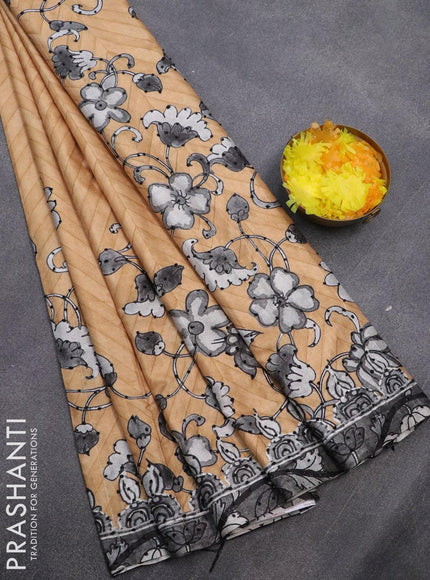 Semi tussar saree sandal and grey with kalamkari prints & french knot work and printed border - {{ collection.title }} by Prashanti Sarees