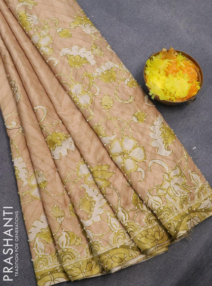 Semi tussar saree sandal and lime green with kalamkari prints & french knot work and printed border - {{ collection.title }} by Prashanti Sarees