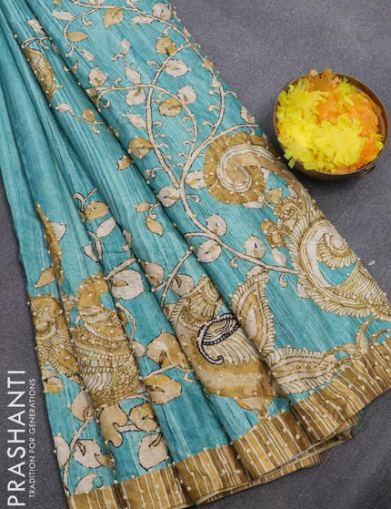 Semi tussar saree teal blue and elaichi green with kalamkari prints & french knot work and simple border - {{ collection.title }} by Prashanti Sarees