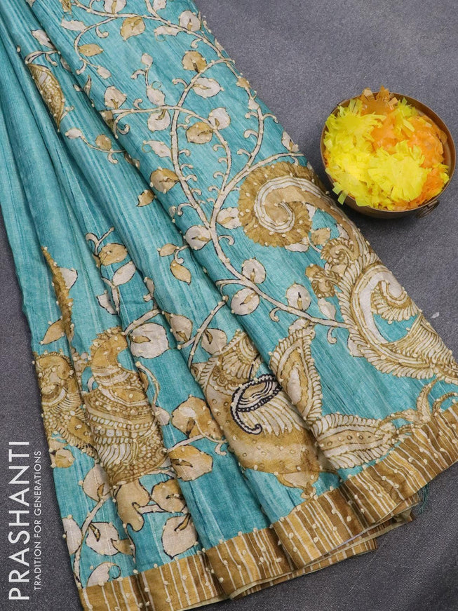 Semi tussar saree teal blue and elaichi green with kalamkari prints & french knot work and simple border - {{ collection.title }} by Prashanti Sarees