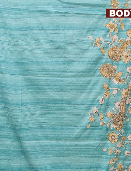 Semi tussar saree teal blue and elaichi green with kalamkari prints & french knot work and simple border - {{ collection.title }} by Prashanti Sarees