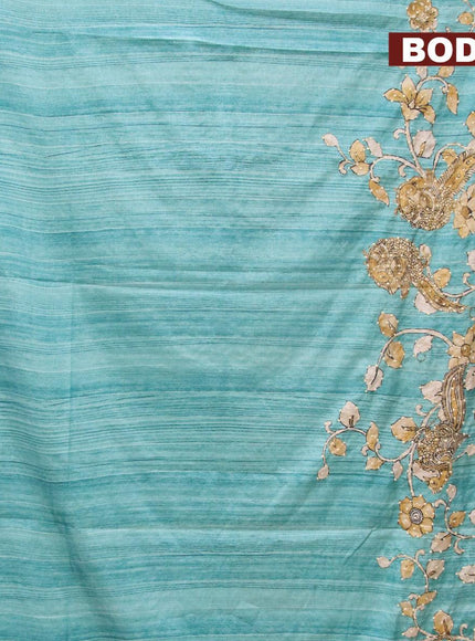 Semi tussar saree teal blue and elaichi green with kalamkari prints & french knot work and simple border - {{ collection.title }} by Prashanti Sarees