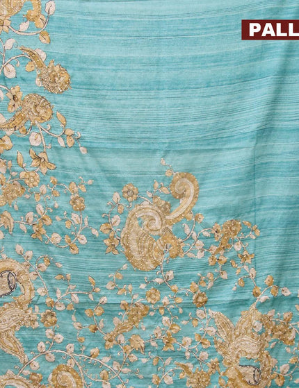 Semi tussar saree teal blue and elaichi green with kalamkari prints & french knot work and simple border - {{ collection.title }} by Prashanti Sarees