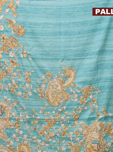 Semi tussar saree teal blue and elaichi green with kalamkari prints & french knot work and simple border - {{ collection.title }} by Prashanti Sarees