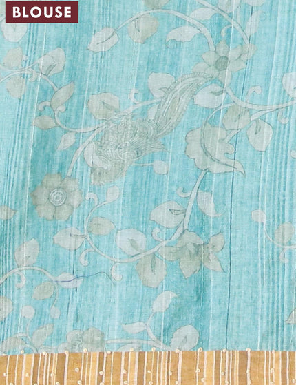 Semi tussar saree teal blue and elaichi green with kalamkari prints & french knot work and simple border - {{ collection.title }} by Prashanti Sarees