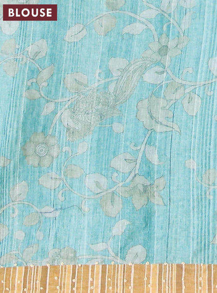 Semi tussar saree teal blue and elaichi green with kalamkari prints & french knot work and simple border - {{ collection.title }} by Prashanti Sarees