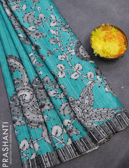 Semi tussar saree teal blue and grey with kalamkari prints & french knot work and simple border - {{ collection.title }} by Prashanti Sarees