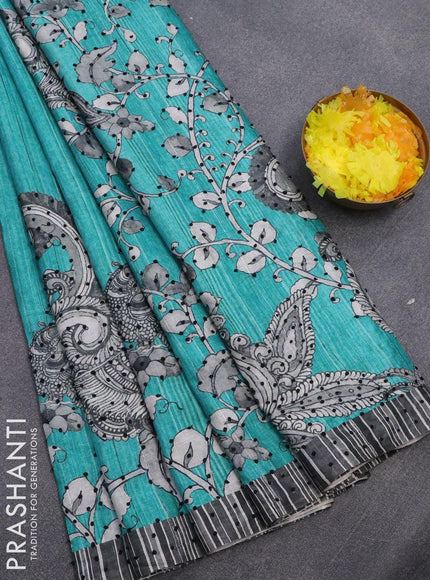 Semi tussar saree teal blue and grey with kalamkari prints & french knot work and simple border - {{ collection.title }} by Prashanti Sarees