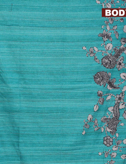 Semi tussar saree teal blue and grey with kalamkari prints & french knot work and simple border - {{ collection.title }} by Prashanti Sarees