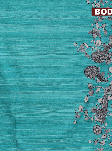 Semi tussar saree teal blue and grey with kalamkari prints & french knot work and simple border - {{ collection.title }} by Prashanti Sarees