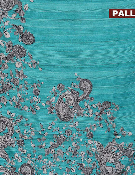 Semi tussar saree teal blue and grey with kalamkari prints & french knot work and simple border - {{ collection.title }} by Prashanti Sarees