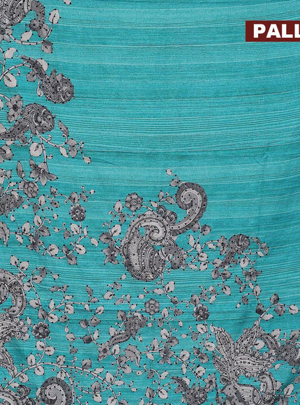 Semi tussar saree teal blue and grey with kalamkari prints & french knot work and simple border - {{ collection.title }} by Prashanti Sarees