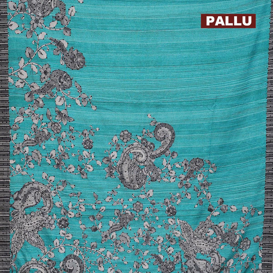 Semi tussar saree teal blue and grey with kalamkari prints & french knot work and simple border - {{ collection.title }} by Prashanti Sarees