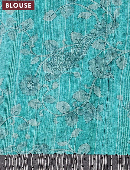 Semi tussar saree teal blue and grey with kalamkari prints & french knot work and simple border - {{ collection.title }} by Prashanti Sarees