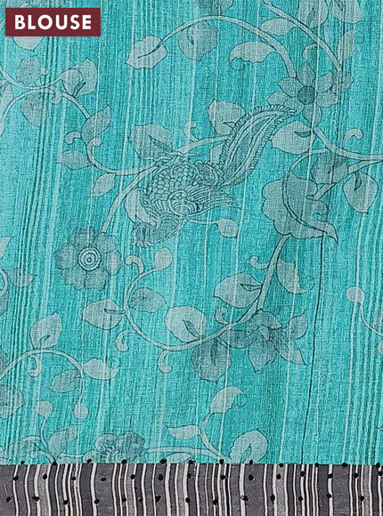 Semi tussar saree teal blue and grey with kalamkari prints & french knot work and simple border - {{ collection.title }} by Prashanti Sarees