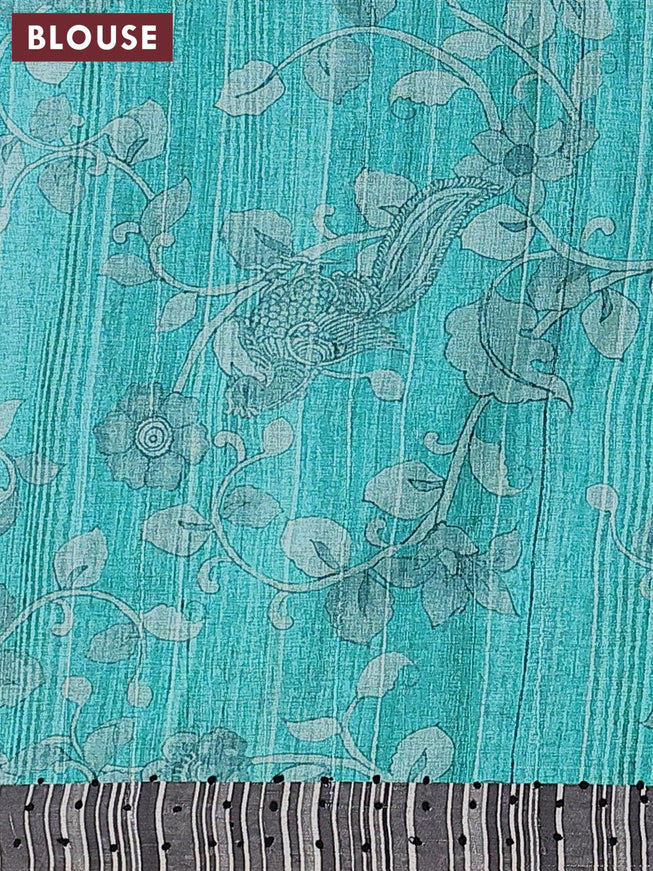 Semi tussar saree teal blue and grey with kalamkari prints & french knot work and simple border - {{ collection.title }} by Prashanti Sarees