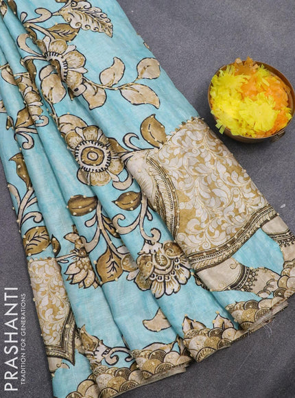 Semi tussar saree teal blue with kalamkari prints & french knot work and printed border - {{ collection.title }} by Prashanti Sarees