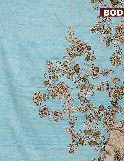 Semi tussar saree teal blue with kalamkari prints & french knot work and printed border - {{ collection.title }} by Prashanti Sarees