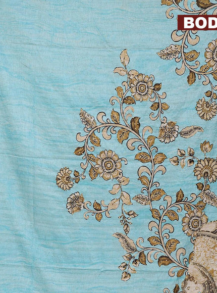 Semi tussar saree teal blue with kalamkari prints & french knot work and printed border - {{ collection.title }} by Prashanti Sarees