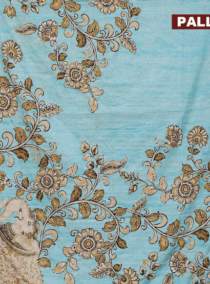 Semi tussar saree teal blue with kalamkari prints & french knot work and printed border - {{ collection.title }} by Prashanti Sarees