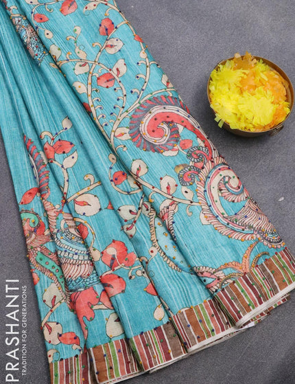 Semi tussar saree teal blue with kalamkari prints & french knot work and simple border - {{ collection.title }} by Prashanti Sarees