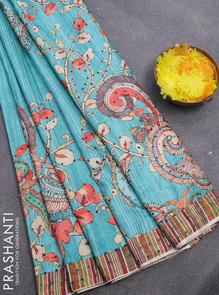 Semi tussar saree teal blue with kalamkari prints & french knot work and simple border - {{ collection.title }} by Prashanti Sarees