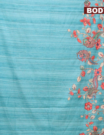 Semi tussar saree teal blue with kalamkari prints & french knot work and simple border - {{ collection.title }} by Prashanti Sarees