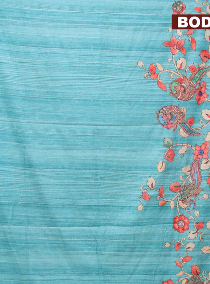 Semi tussar saree teal blue with kalamkari prints & french knot work and simple border - {{ collection.title }} by Prashanti Sarees