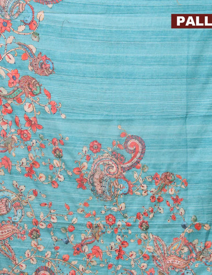 Semi tussar saree teal blue with kalamkari prints & french knot work and simple border - {{ collection.title }} by Prashanti Sarees