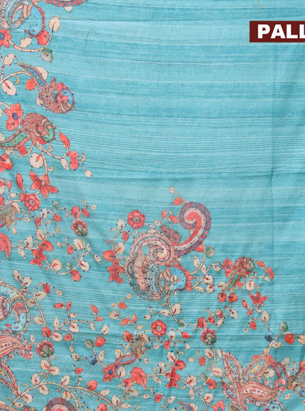 Semi tussar saree teal blue with kalamkari prints & french knot work and simple border - {{ collection.title }} by Prashanti Sarees