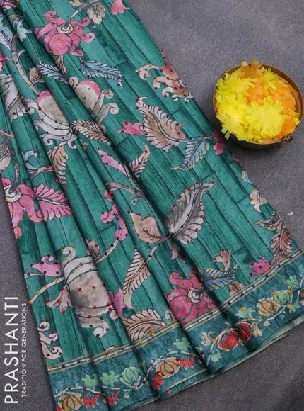 Semi tussar saree teal green with kalamkari prints & french knot work and printed border - {{ collection.title }} by Prashanti Sarees