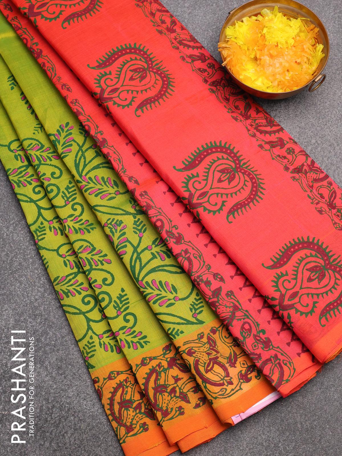 Silk cotton block printed saree orange and green with allover prints a –  Cherrypick