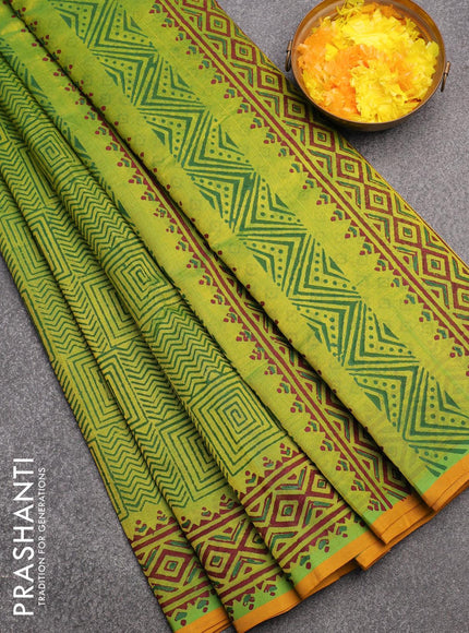 Silk cotton block printed saree light green and mustard yellow with allover geometric prints and printed border - {{ collection.title }} by Prashanti Sarees