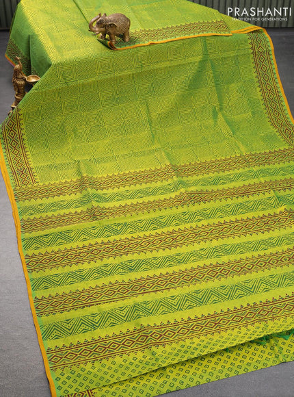 Silk cotton block printed saree light green and mustard yellow with allover geometric prints and printed border - {{ collection.title }} by Prashanti Sarees