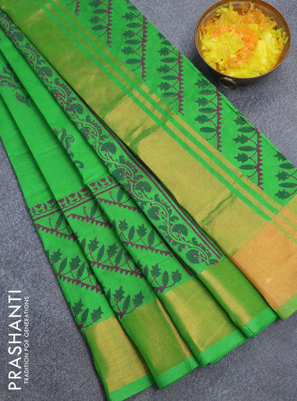 Silk cotton block printed saree parrot green with allover prints and zari woven border - {{ collection.title }} by Prashanti Sarees