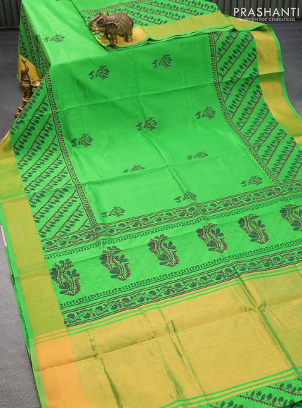 Silk cotton block printed saree parrot green with allover prints and zari woven border - {{ collection.title }} by Prashanti Sarees